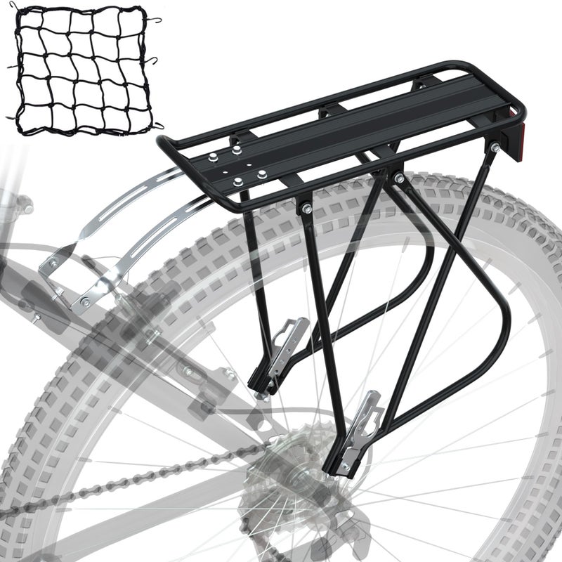 Reliancer Bike Cargo Rack w/Bungee Cargo Net & Reflective Logo Universal Adjustable Bicycle Rear Luggage Touring Carrier Racks 55lbs Capacity Quick Release Mountain Road Bike Pannier Rack for 26"-29" Frames - Image 1